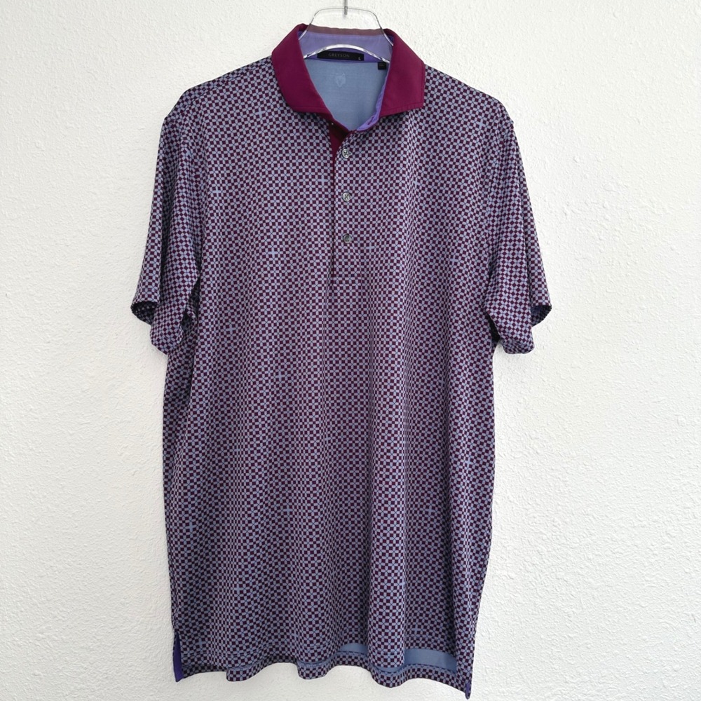 Greyson Performance Polo Shirt Mens Large Purple Geometric Short Sleeve Golf
